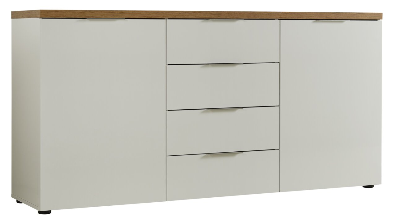 Modernes Sideboard mit weißer Front und Holzoberfläche, frontal betrachtet.