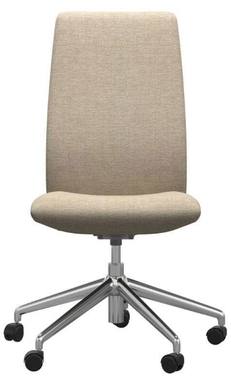 Moderner Home Office Stuhl mit beigem Stoffbezug und verchromtem Drehfuß, Vorderansicht