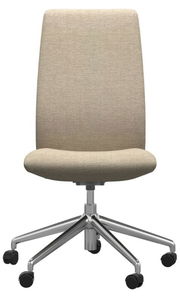 Moderner Home Office Stuhl mit beigem Stoffbezug und verchromtem Drehfuß, Vorderansicht