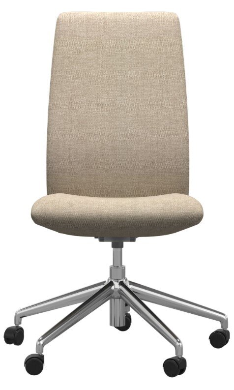 Moderner Home Office Stuhl mit beigem Stoffbezug und verchromtem Drehfuß, Vorderansicht