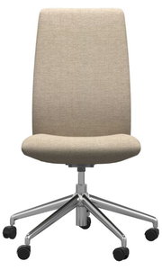 Moderner Home Office Stuhl mit beigem Stoffbezug und verchromtem Drehfuß, Vorderansicht