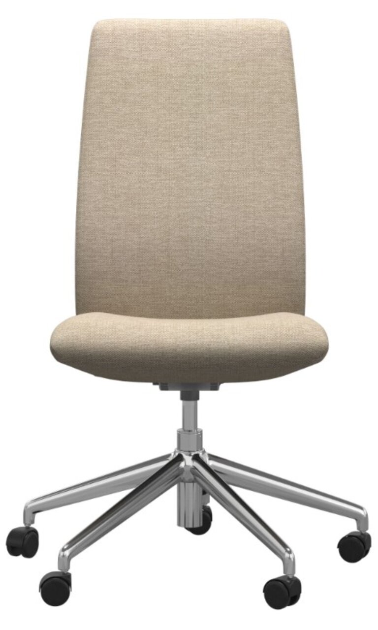 Moderne thuiskantoorstoel met beige stoffen bekleding en verchroomd draaipootje, vooraanzicht