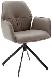 Moderne fauteuil in grijze stof met een zwart metalen frame, zijaanzicht