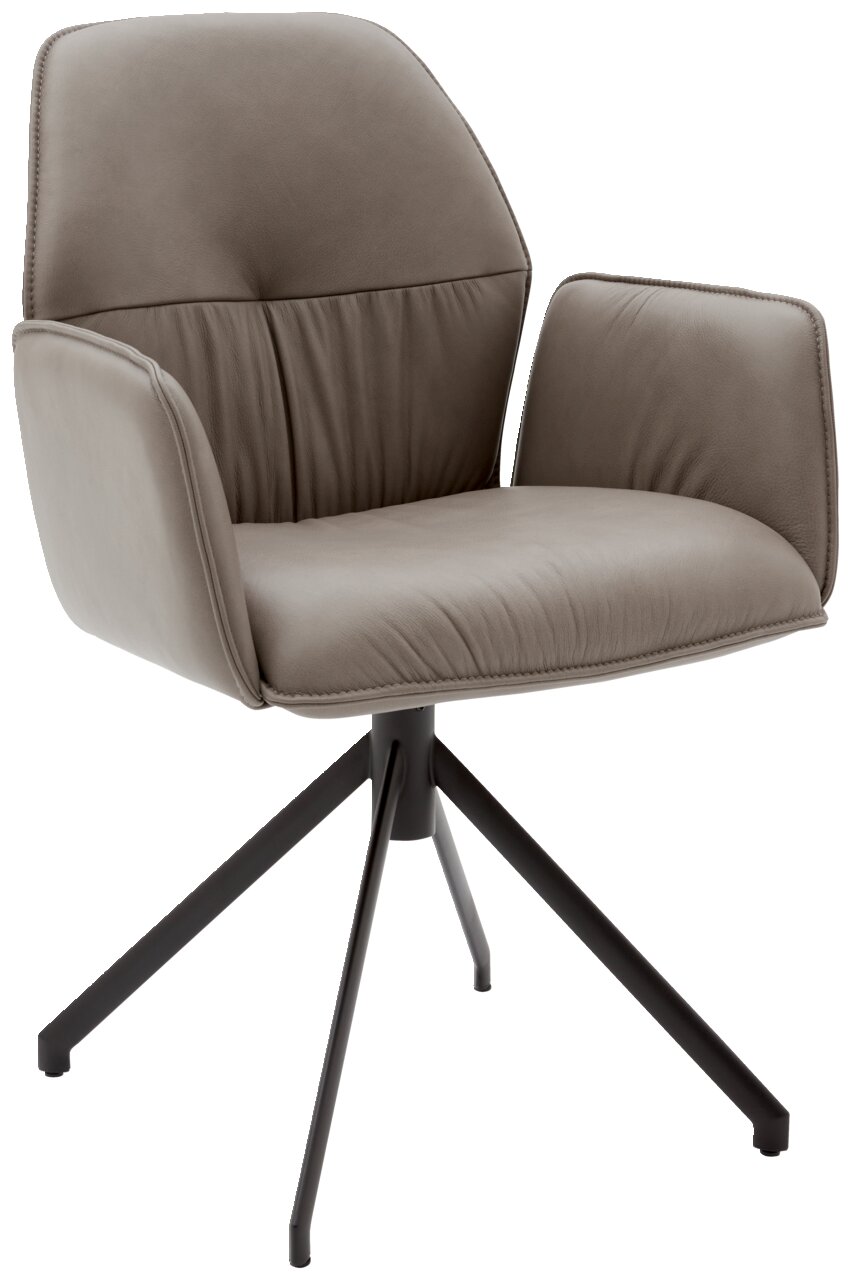 Moderne fauteuil in grijze stof met een zwart metalen frame, zijaanzicht