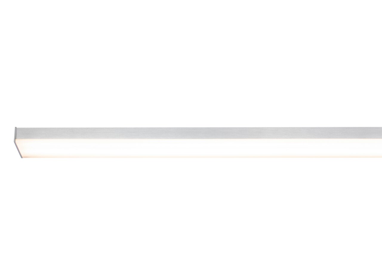 Moderne LED-hanglamp in zijaanzicht, strak ontwerp in zilver.