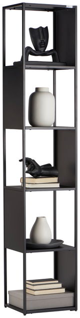 Schwarzes Regal mit mehreren Ebenen, dekoriert mit Vasen, Büchern und einer Skulptur, seitliche Perspektive