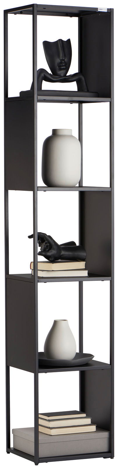 Schwarzes Regal mit mehreren Ebenen, dekoriert mit Vasen, Büchern und einer Skulptur, seitliche Perspektive