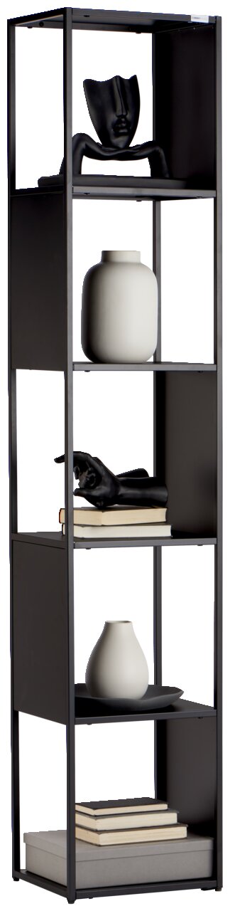 Schwarzes Regal mit mehreren Ebenen, dekoriert mit Vasen, Büchern und einer Skulptur, seitliche Perspektive