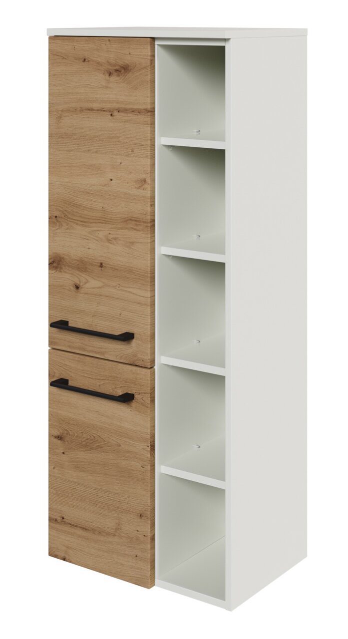 Midischrank mit Holzoptik und weißen Regalfächern, seitliche Perspektive