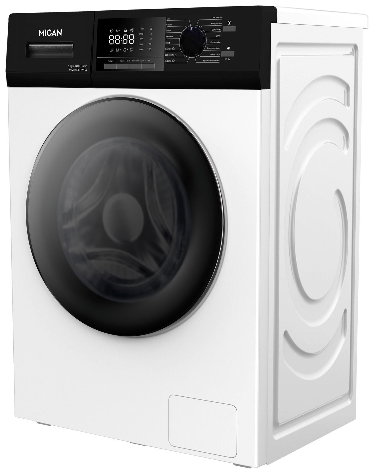 Frontansicht einer modernen Stand-Waschmaschine mit digitalem Display und schwarzer Tür.