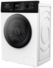 Frontansicht einer modernen Stand-Waschmaschine mit digitalem Display und schwarzer Tür.