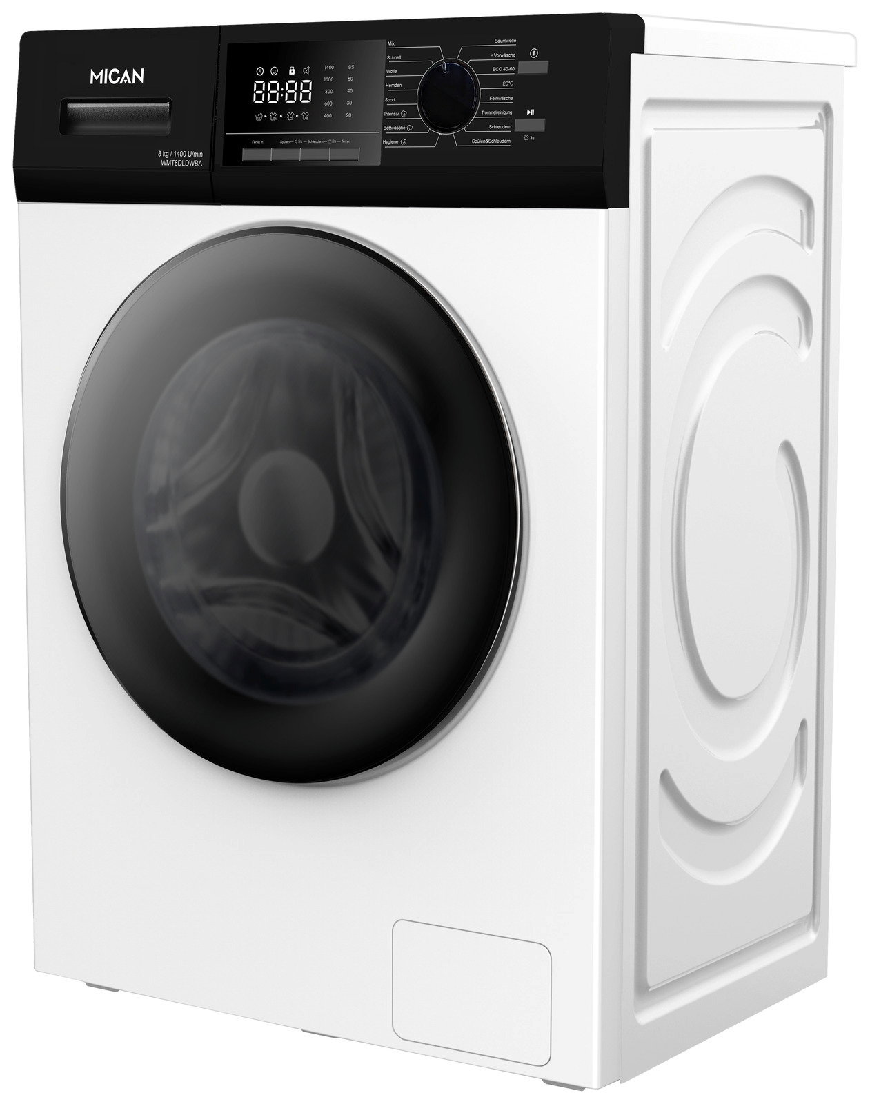 Frontansicht einer modernen Stand-Waschmaschine mit digitalem Display und schwarzer Tür.