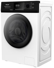 Frontansicht einer modernen Stand-Waschmaschine mit digitalem Display und schwarzer Tür.