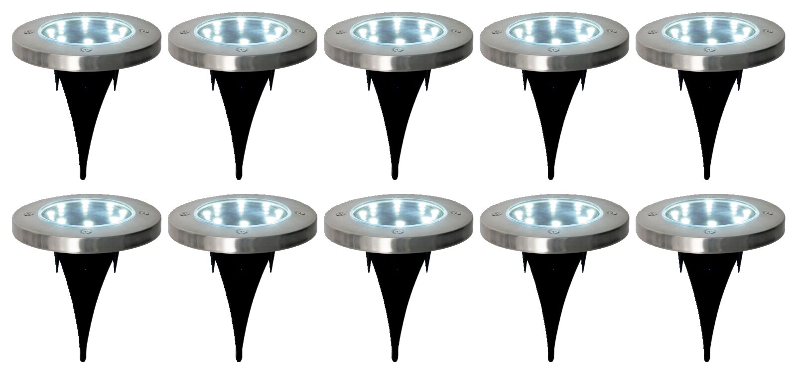 Ambia Garden Zonne-lamp FRANZ Tien ronde LED-inbouwlampen voor in de vloer met roestvrijstalen rand en zwarte inbouwbehuizing, schuin van bovenaf gezien op een witte achtergrond