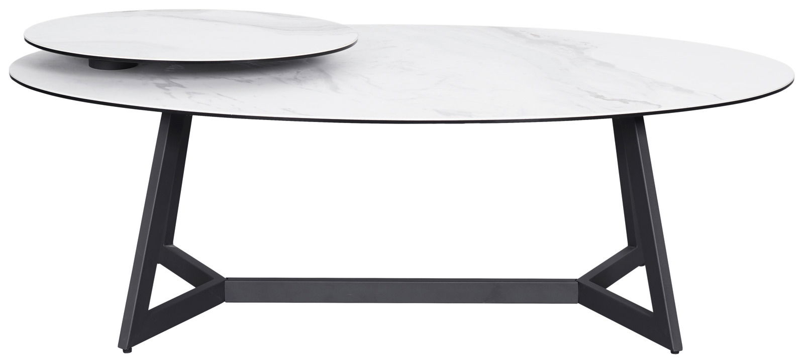 Moderner Couchtisch mit zwei runden, übereinander liegenden weißen Marmorplatten und schwarzem Metallgestell, seitliche Perspektive.