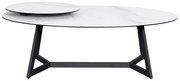 Moderner Couchtisch mit zwei runden, übereinander liegenden weißen Marmorplatten und schwarzem Metallgestell, seitliche Perspektive.