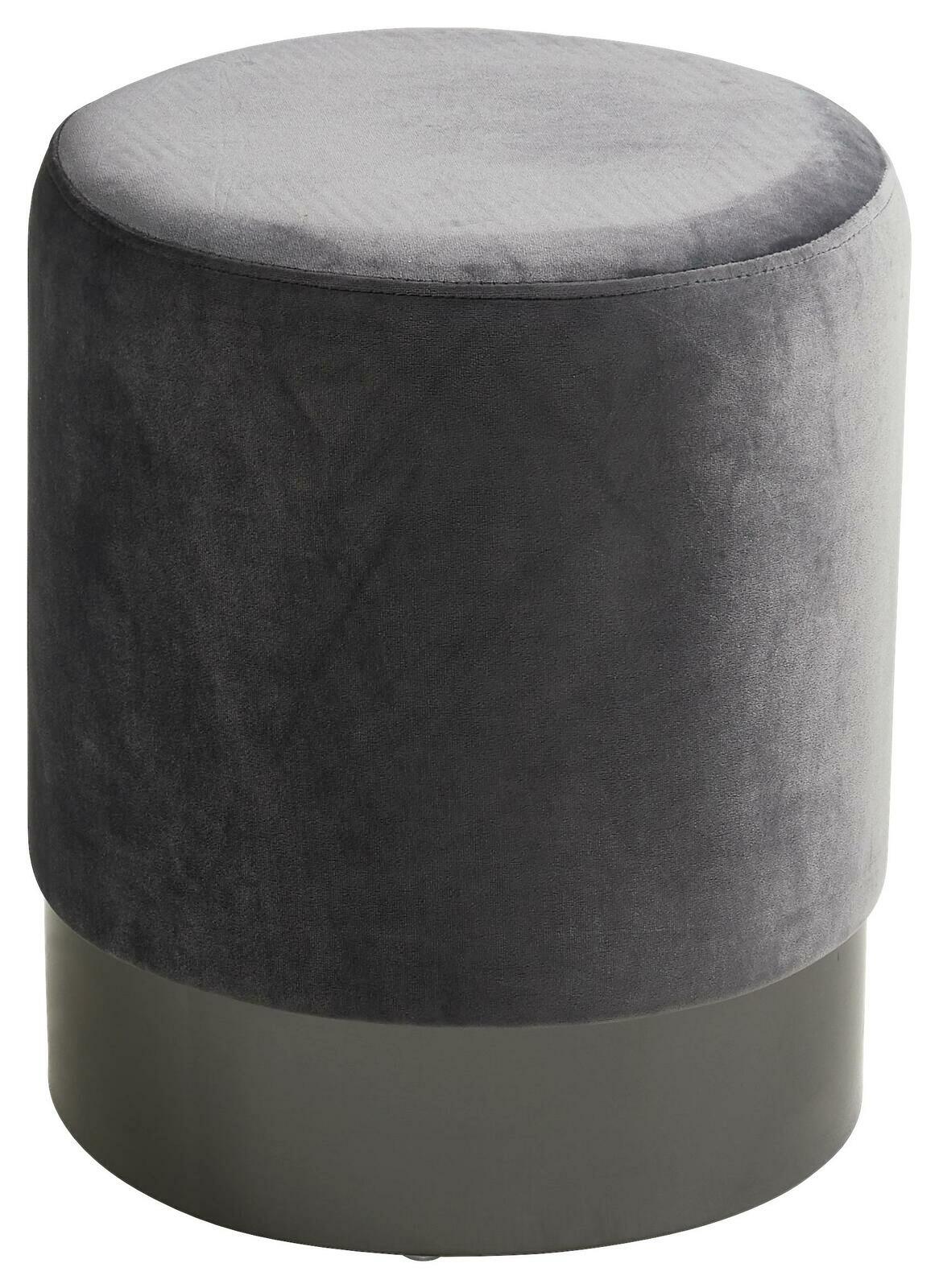 Runder, grauer Hocker aus Samt mit schwarzem Sockel, seitliche Perspektive