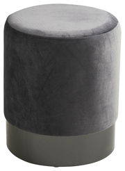 Runder, grauer Hocker aus Samt mit schwarzem Sockel, seitliche Perspektive