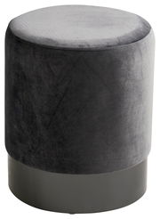 Runder, grauer Hocker aus Samt mit schwarzem Sockel, seitliche Perspektive