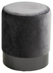 Runder, grauer Hocker aus Samt mit schwarzem Sockel, seitliche Perspektive