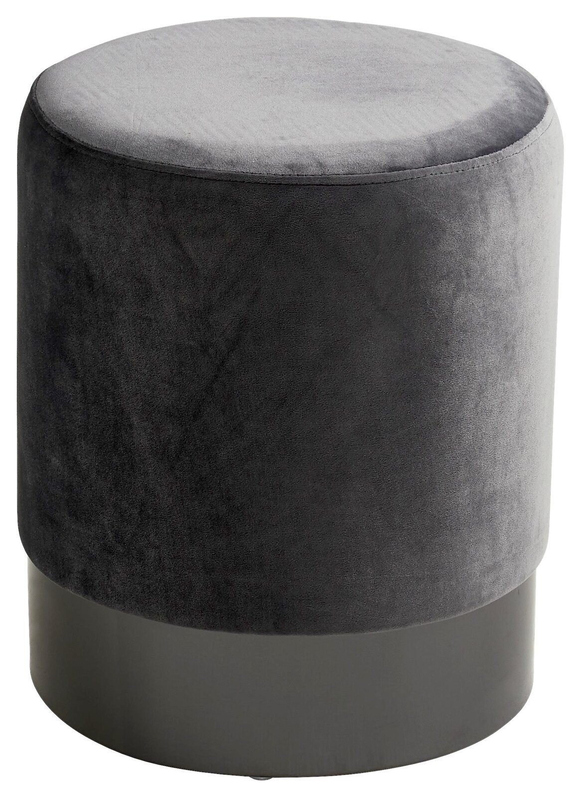 Runder, grauer Hocker aus Samt mit schwarzem Sockel, seitliche Perspektive