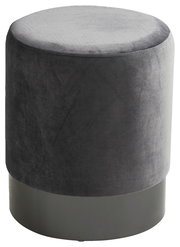 Runder, grauer Hocker aus Samt mit schwarzem Sockel, seitliche Perspektive