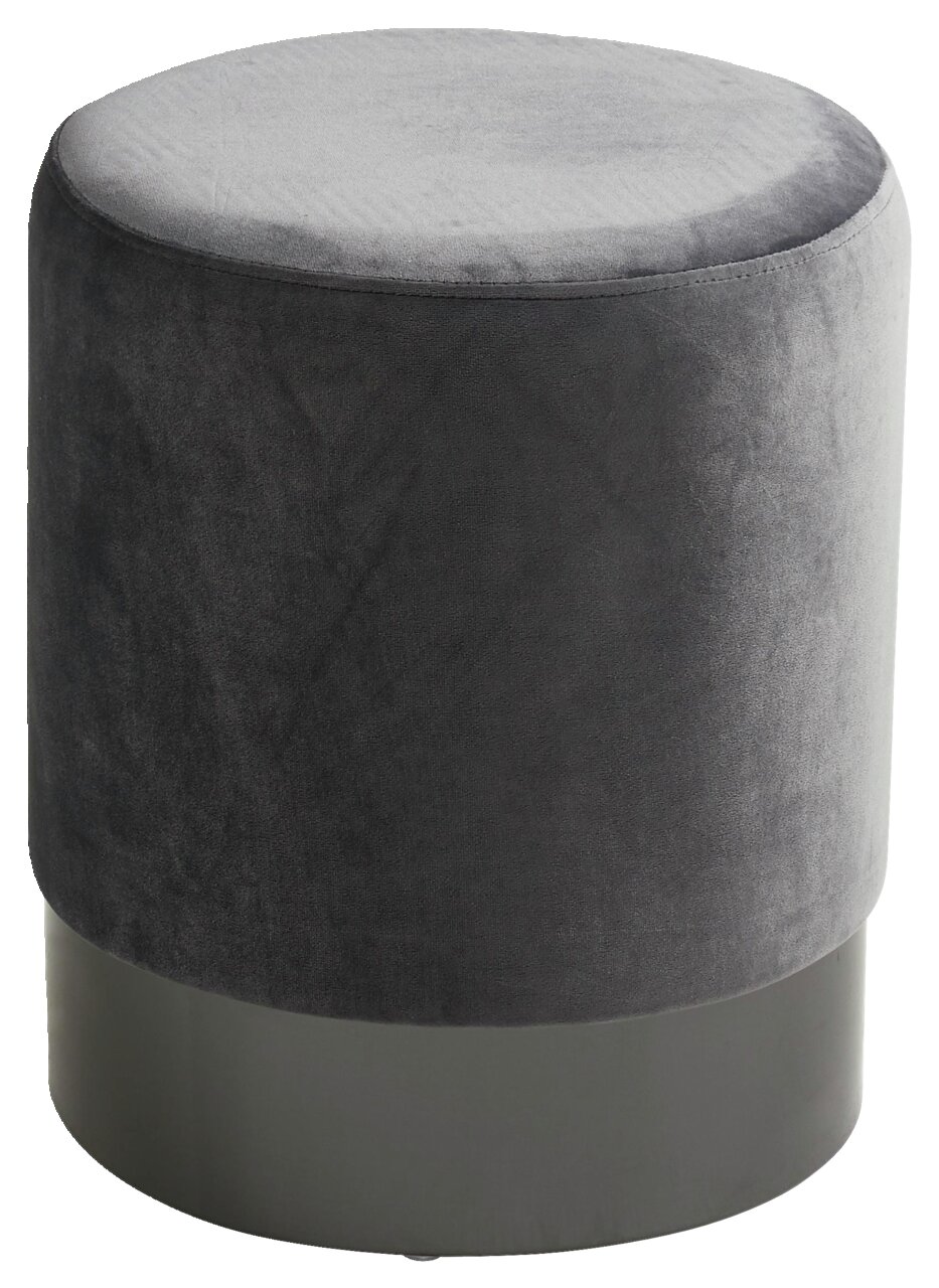 Runder, grauer Hocker aus Samt mit schwarzem Sockel, seitliche Perspektive