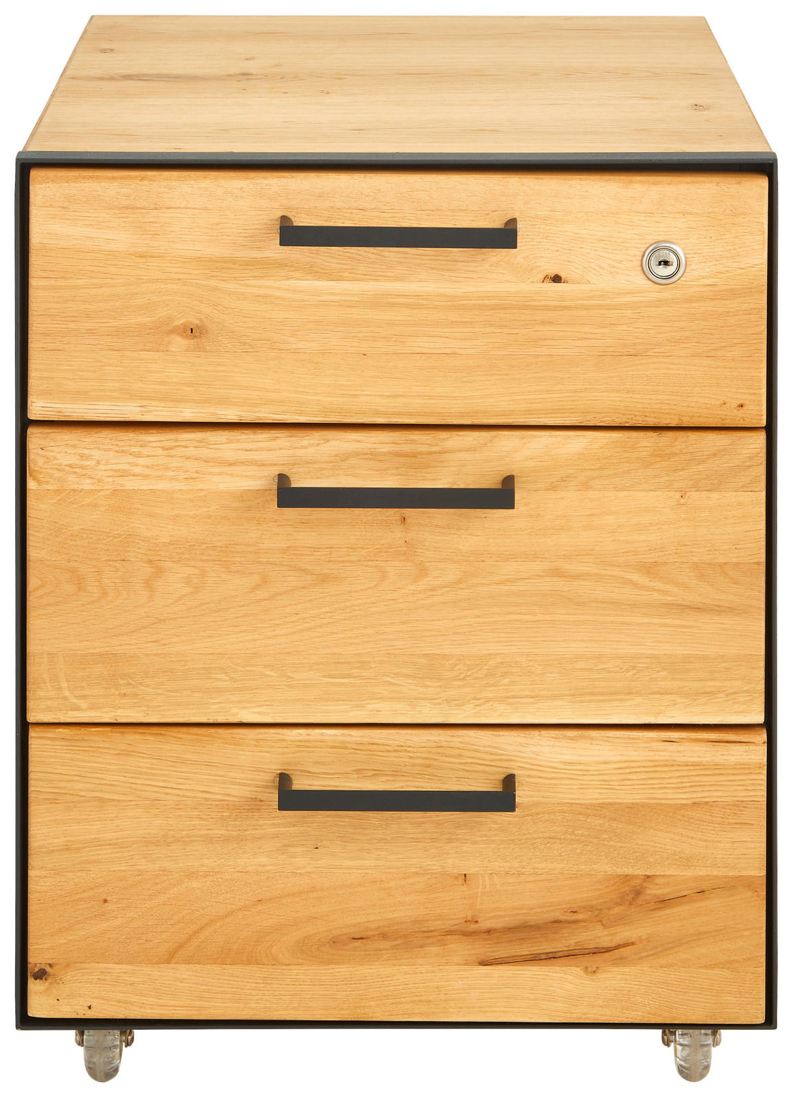 Rollcontainer aus Holz mit drei Schubladen und schwarzen Griffen, Vorderansicht