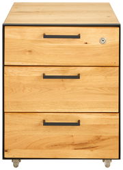 Rollcontainer aus Holz mit drei Schubladen und schwarzen Griffen, Vorderansicht