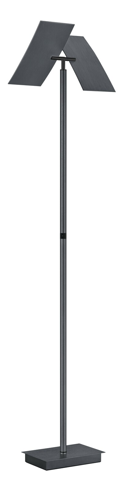 Moderne Stehleuchte ANDY mit zwei schrägen, rechteckigen Schirmen in dunklem Metall, seitliche Perspektive.