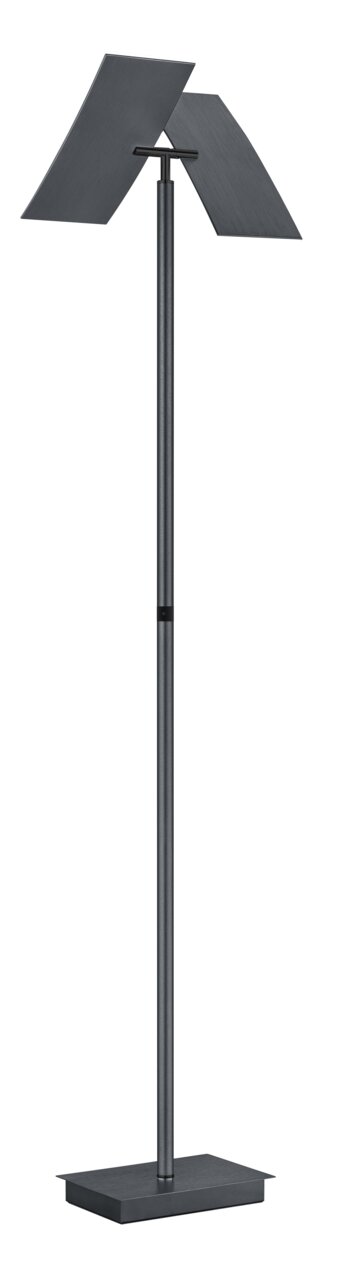 Hell Stehleuchte ANDY Moderne Stehleuchte ANDY mit zwei schrägen, rechteckigen Schirmen in dunklem Metall, seitliche Perspektive.