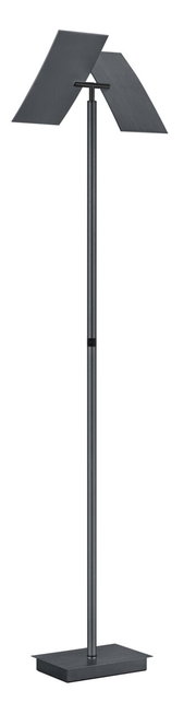 Moderne Stehleuchte ANDY mit zwei schrägen, rechteckigen Schirmen in dunklem Metall, seitliche Perspektive.