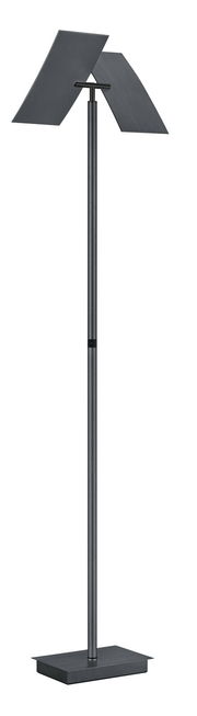 Moderne Stehleuchte ANDY mit zwei schrägen, rechteckigen Schirmen in dunklem Metall, seitliche Perspektive.