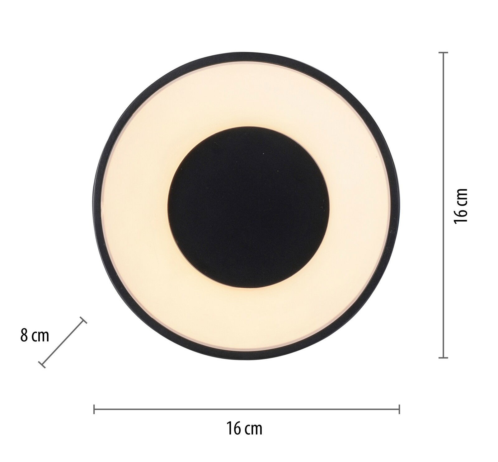 Runde Deckenleuchte TANIKA in Draufsicht mit einem Durchmesser von 16 cm und einer Höhe von 8 cm, schwarzer Mittelteil und leuchtender Rand.