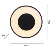 Runde Deckenleuchte TANIKA in Draufsicht mit einem Durchmesser von 16 cm und einer Höhe von 8 cm, schwarzer Mittelteil und leuchtender Rand.