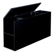 Schwarzes Kopfteil für Stauraumbett mit geöffnetem Deckel, seitliche Perspektive