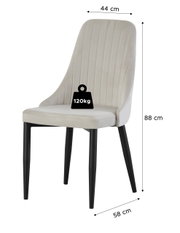 Beiger Polsterstuhl mit vertikaler Steppung und schwarzen Holzbeinen, Maße 88 x 44 x 58 cm, belastbar bis 120 kg, freigestellt in schräger Frontansicht.