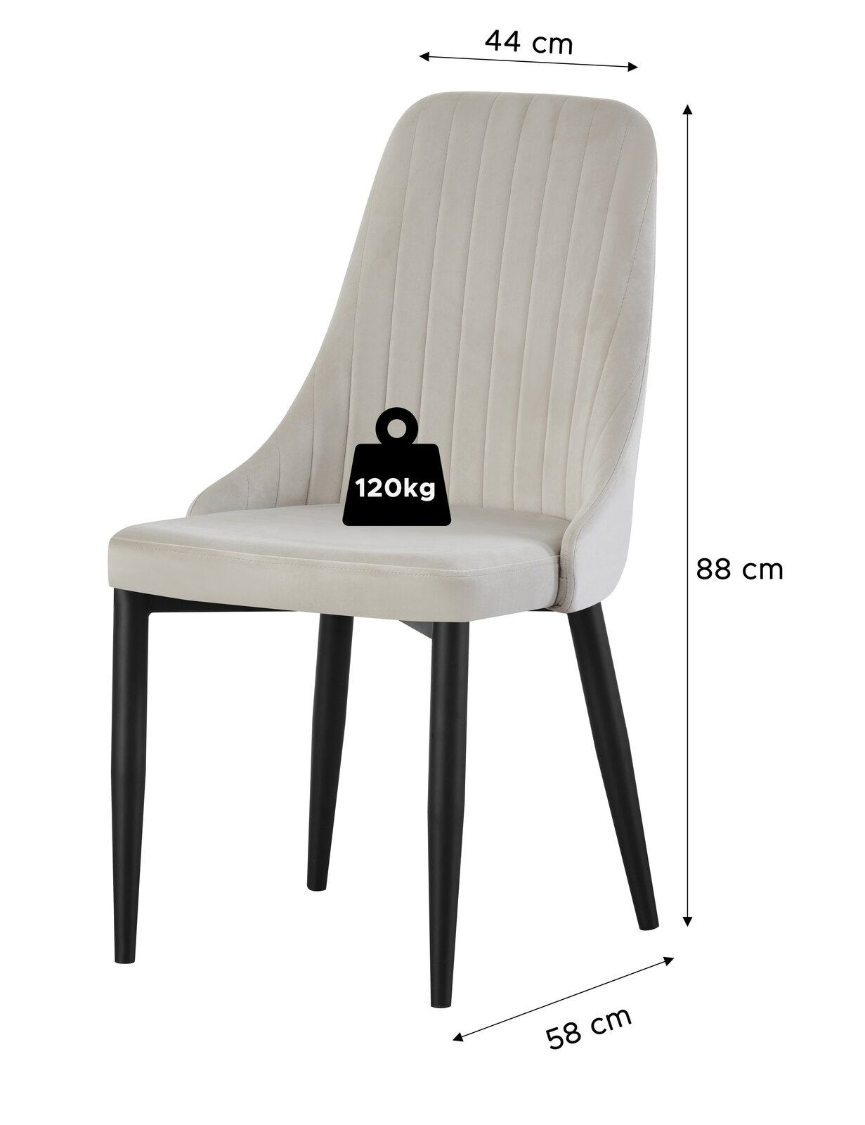 Beiger Polsterstuhl mit vertikaler Steppung und schwarzen Holzbeinen, Maße 88 x 44 x 58 cm, belastbar bis 120 kg, freigestellt in schräger Frontansicht.