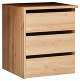 Holzfarbener Schubladen-Container mit drei Schubladen, seitliche Perspektive