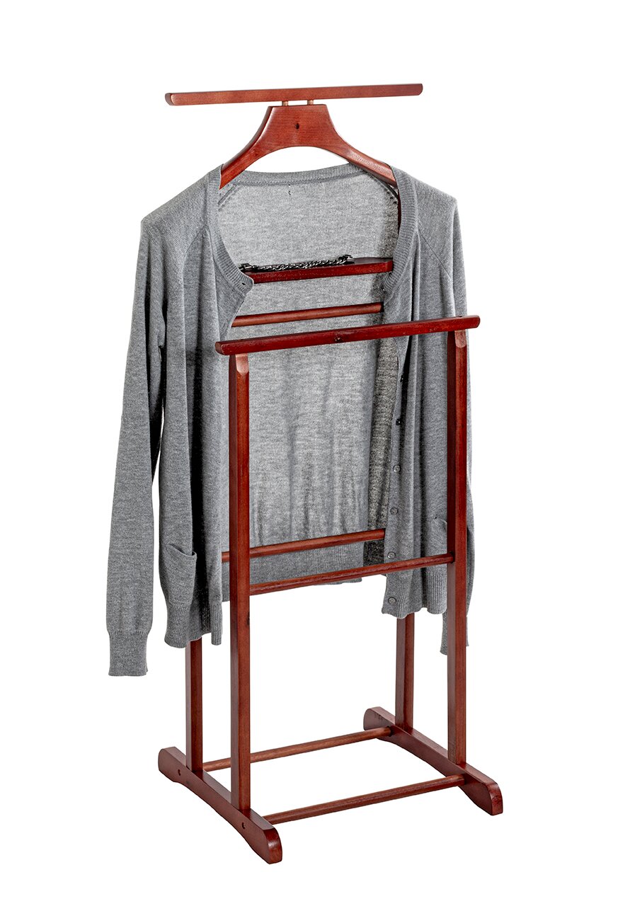 Zurbrüggen Herrendiener Freistehender Kleiderständer aus dunklem Holz mit mehreren Stangen, frontal in leichter Schrägansicht fotografiert, mit grauer Strickjacke auf einem Kleiderbügel vor weißem Hintergrund.