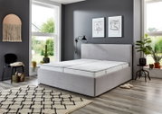 Modern gestoffeerd bed van 160 x 200 cm in een stijlvolle slaapkamer met een grijze muur, grote ramen en planten, gezien vanaf de zijkant.