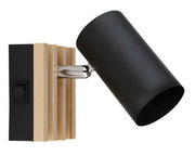 Schwarzer Strahler mit Holzhalterung, seitliche Perspektive