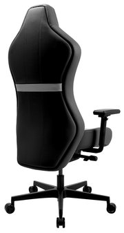 Rückansicht eines schwarzen Gaming-Stuhls mit verstellbaren Armlehnen und Rollen.