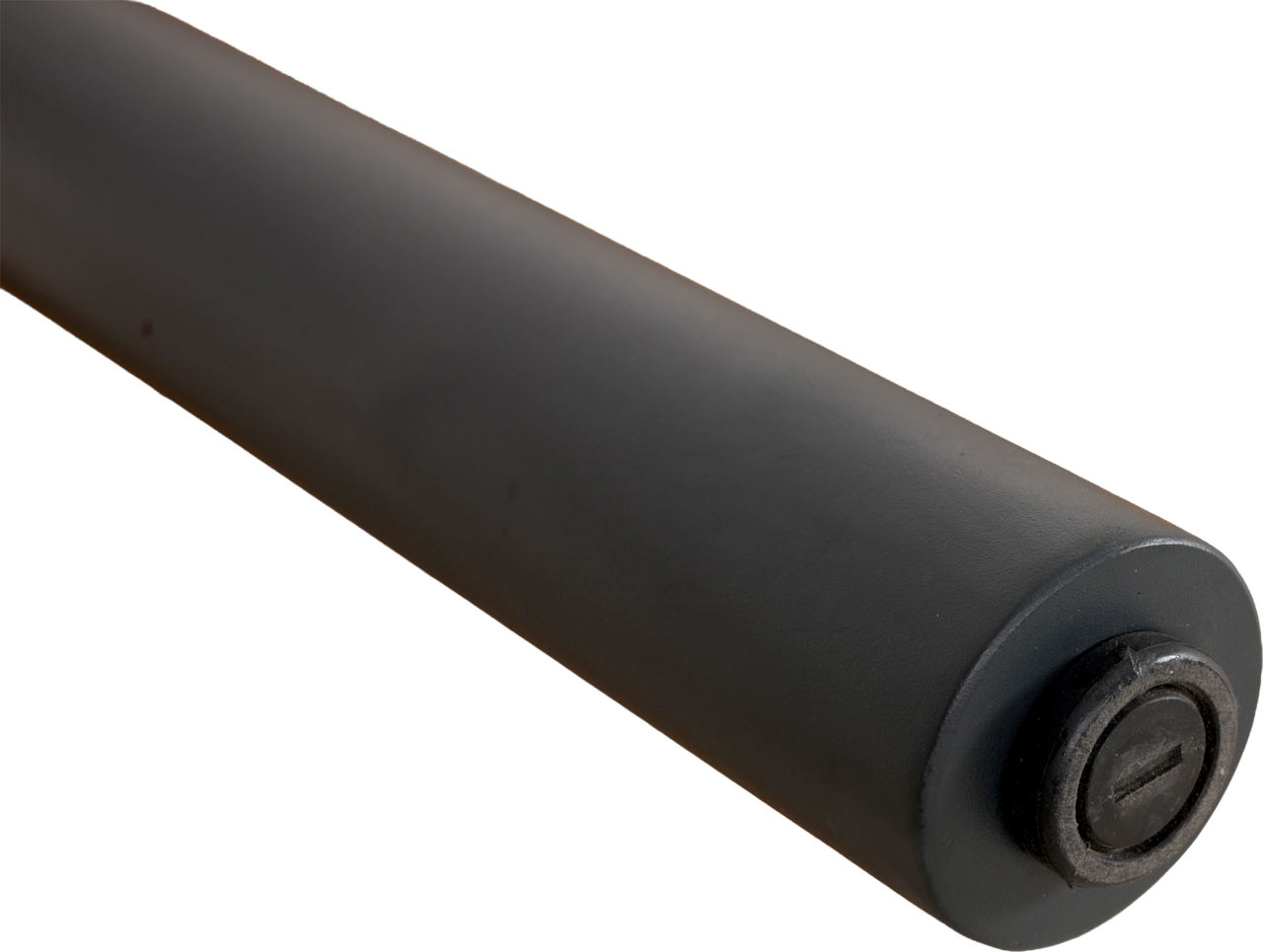 Nahaufnahme eines runden, dunkelgrauen Tischbeins aus Metall, perspektivisch von der Seite fotografiert.