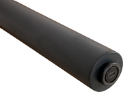 Nahaufnahme eines runden, dunkelgrauen Tischbeins aus Metall, perspektivisch von der Seite fotografiert.