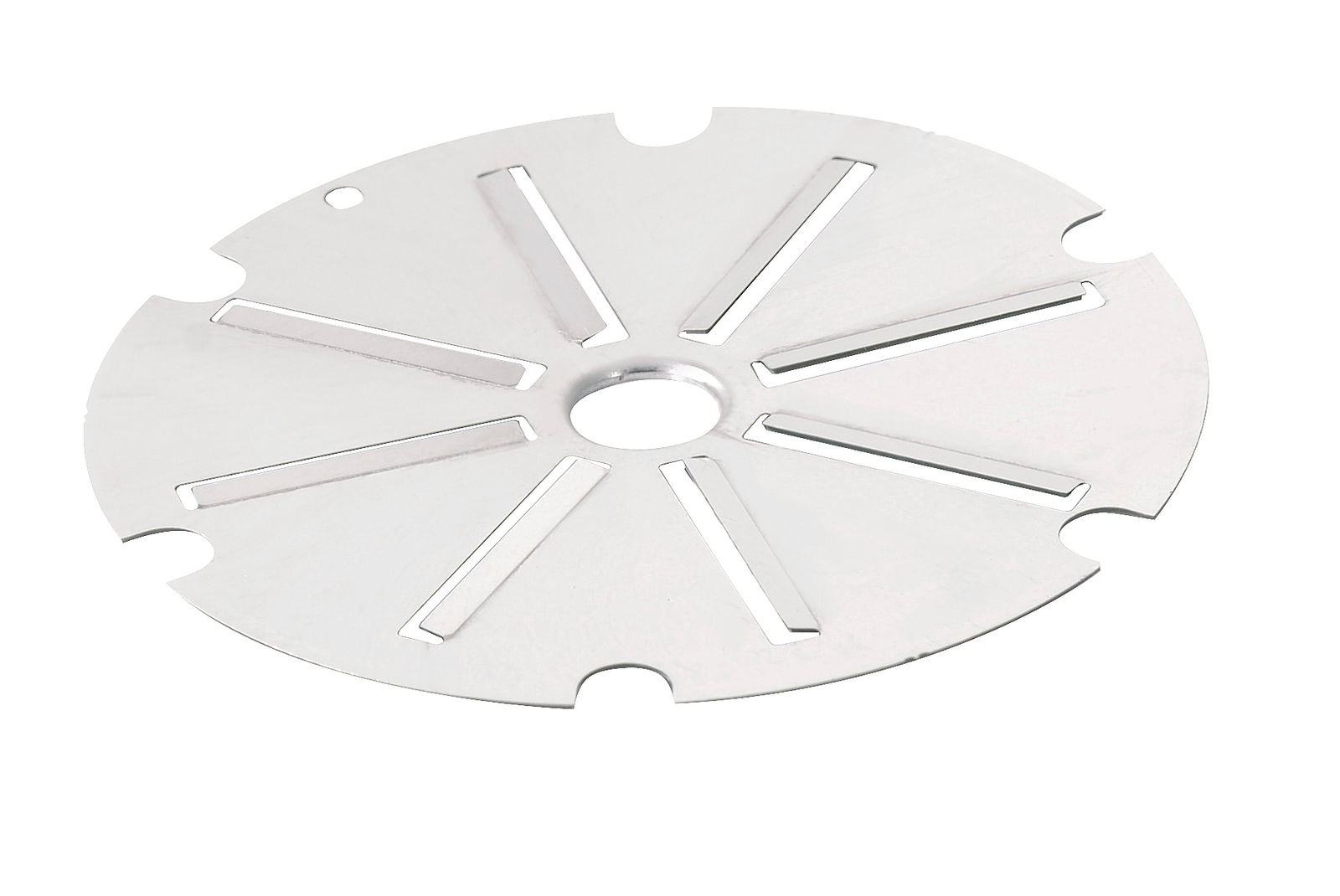 Runde, silberne Käsereibe aus Metall mit Schlitzen, von oben betrachtet.