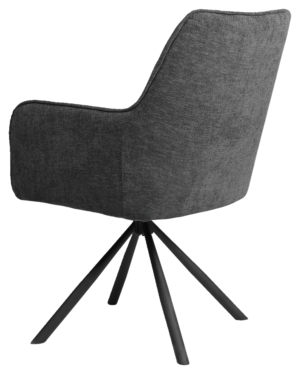 Rückansicht eines grauen Armlehnstuhls mit schwarzem Metallgestell und vier Beinen.