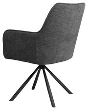 Rückansicht eines grauen Armlehnstuhls mit schwarzem Metallgestell und vier Beinen.