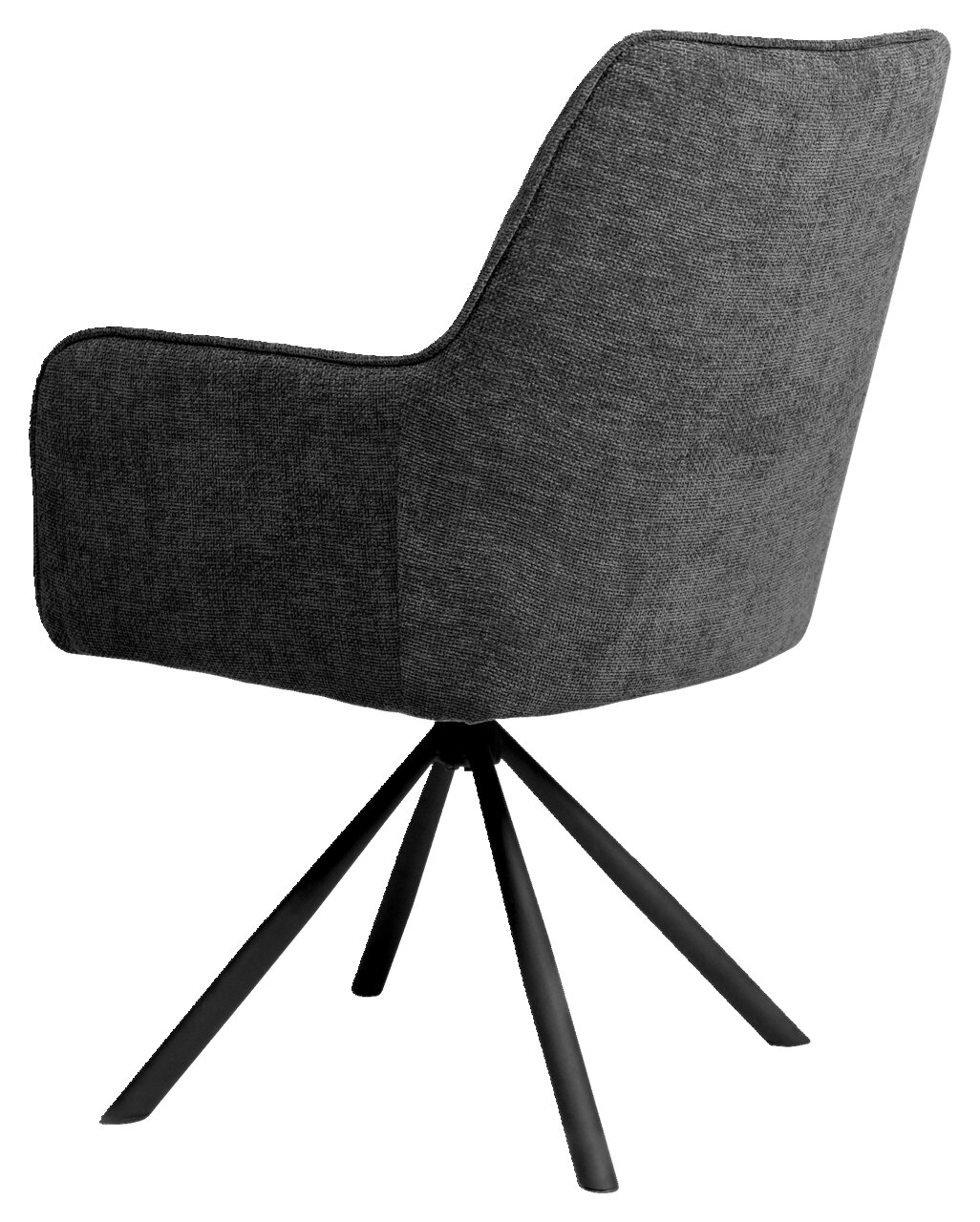 Rückansicht eines grauen Armlehnstuhls mit schwarzem Metallgestell und vier Beinen.