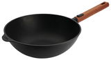 Guss-Wok 28cm mit Holzgriff, seitliche Perspektive
